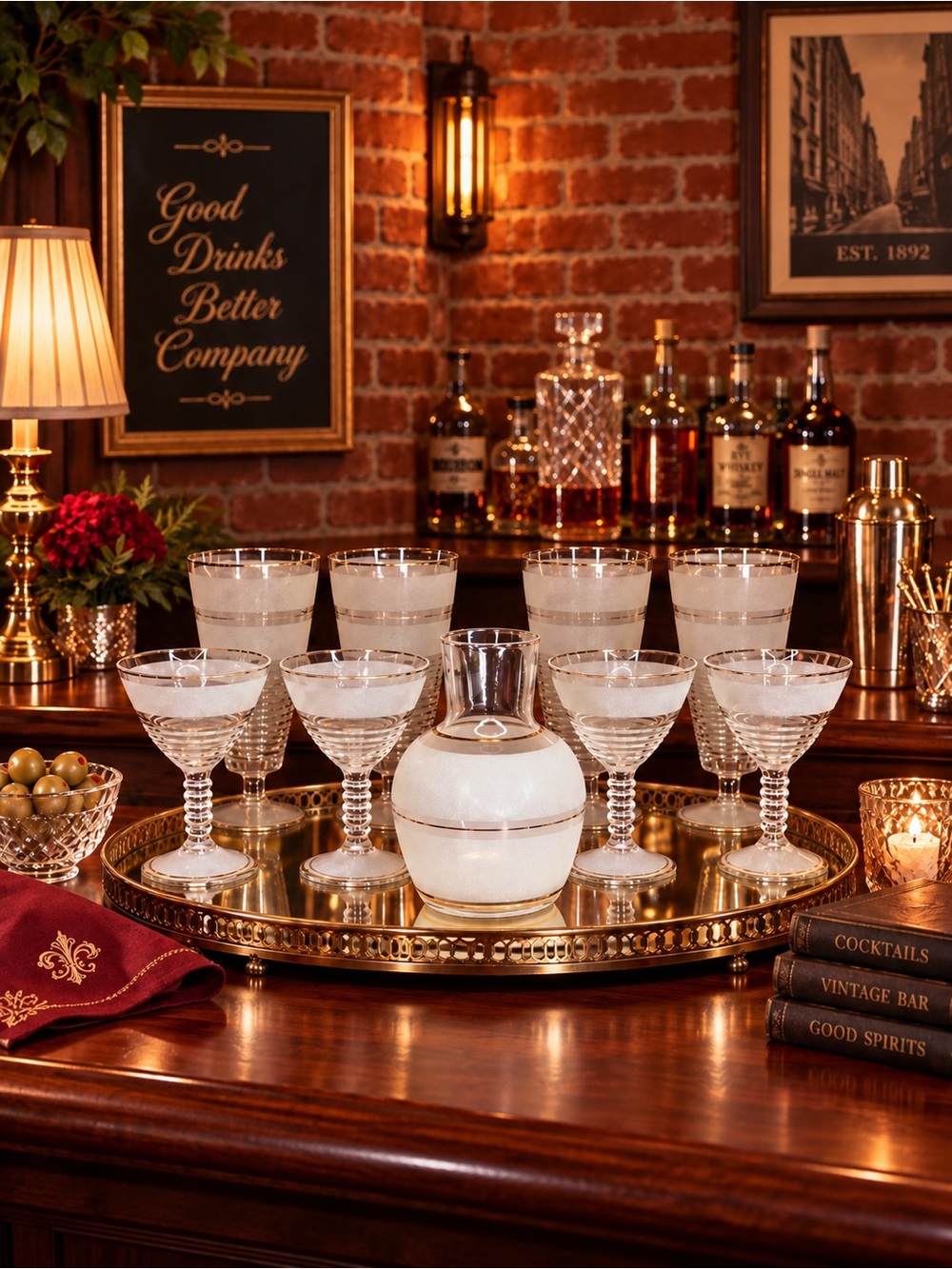 Vintage MCM Federal Glass Frosted Gilt Gold Rimmed Nine Piece Bar Set
